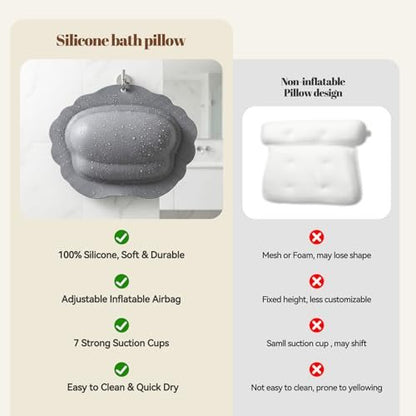SHOHEN Silicone Bath Pillow for Tub – Inflatable Bathtub Pillow for Head & Neck Support, Waterproof Cushion for Jetted Tub, Gifts for Mom Women (Gray) Avelisse