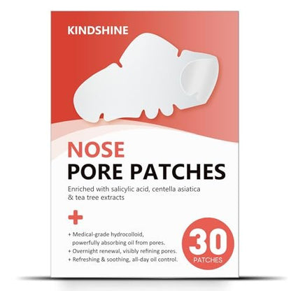 Kindshine 30 Pcs Nose Pimple Patches, Medical-Grade Hydrocolloid Pore Strips with Salicylic Acid, Centella Asiatica & Tea Tree Oil for Oil Control & Pore Refining - Overnight Nose Strips