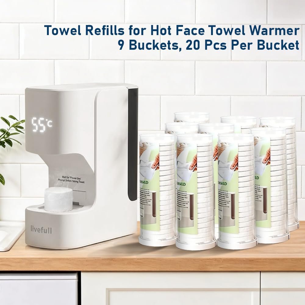 LiveFull Towel Refills for Hot Face Towel Heater Machine – 180 Disposable Compressed Face Towels (9 Buckets, 20 Per Bucket) Avelisse