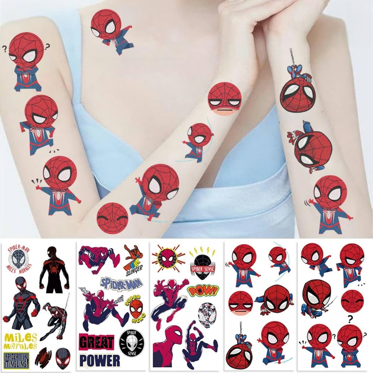 10 Sheets Spider Temporary Tattoos - Removable Cute Cartoon Spider Stickers for Kids, Spider Themed Birthday Party Favors & Decor Supplies - görsel 9