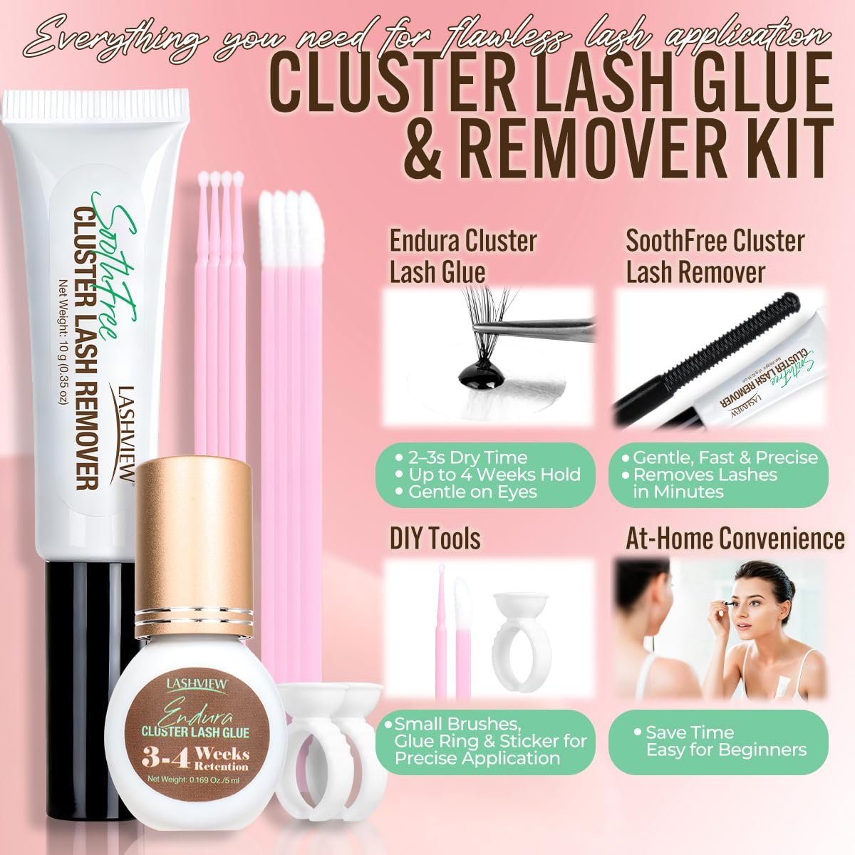 LASHVIEW Cluster Lash Glue & Remover Kit – Super Strong Hold 4+ Weeks, Waterproof, Easy DIY Removal Avelisse