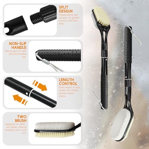 Gobiteli Foot Scrubber with Pumice Stone for Feet – Adjustable 17”-25” Dead Skin Remover & Foot Brush for Shower – for Seniors, Men and Women (Black) Avelisse