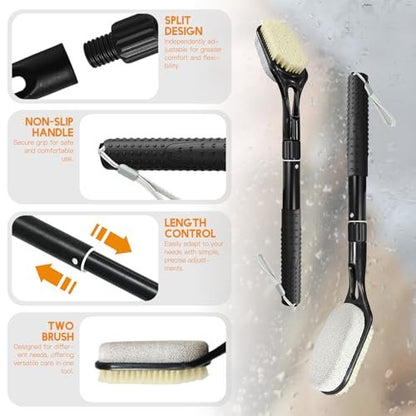 Gobiteli Foot Scrubber with Pumice Stone for Feet – Adjustable 17”-25” Dead Skin Remover & Foot Brush for Shower – for Seniors, Men and Women (Black) Avelisse