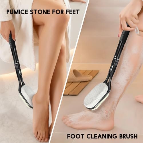Gobiteli Foot Scrubber with Pumice Stone for Feet – Adjustable 17”-25” Dead Skin Remover & Foot Brush for Shower – for Seniors, Men and Women (Black) Avelisse