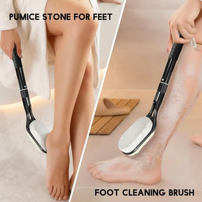 Gobiteli Foot Scrubber with Pumice Stone for Feet – Adjustable 17”-25” Dead Skin Remover & Foot Brush for Shower – for Seniors, Men and Women (Black) Avelisse