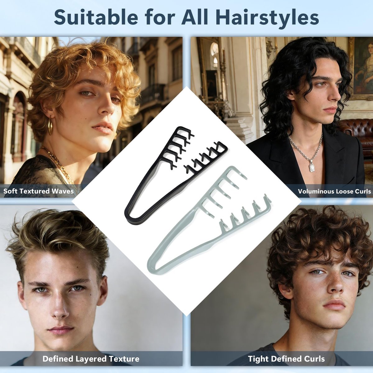 Texture Comb 2 Pack, Volumizing Fluffy Hair Styling Comb for Men and Women, ABS Plastic Tooth Comb for Volume and Texture (Black + Gray) Avelisse
