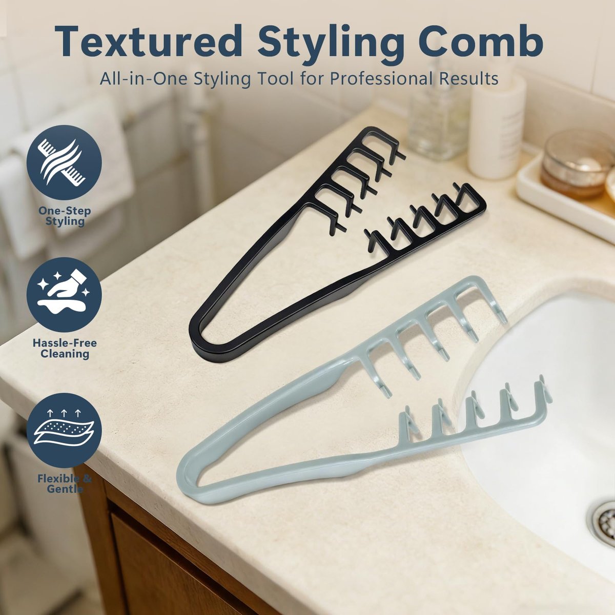 Texture Comb 2 Pack, Volumizing Fluffy Hair Styling Comb for Men and Women, ABS Plastic Tooth Comb for Volume and Texture (Black + Gray) Avelisse