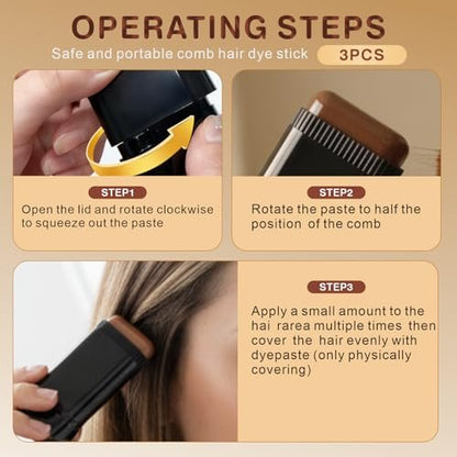 3-Pack Hair Color Stick: 2-in-1 Comb & Dye for Gray Hair Coverage – Dark Brown, Black, Coffee Brown – Waterproof & Sweat-Proof Avelisse