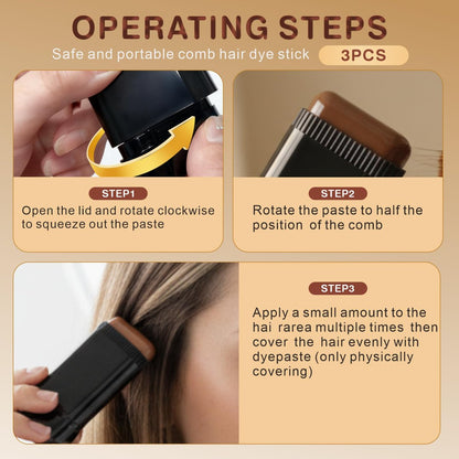 3-Pack Hair Color Stick: 2-in-1 Comb & Dye for Gray Hair Coverage – Dark Brown, Black, Coffee Brown – Waterproof & Sweat-Proof Avelisse