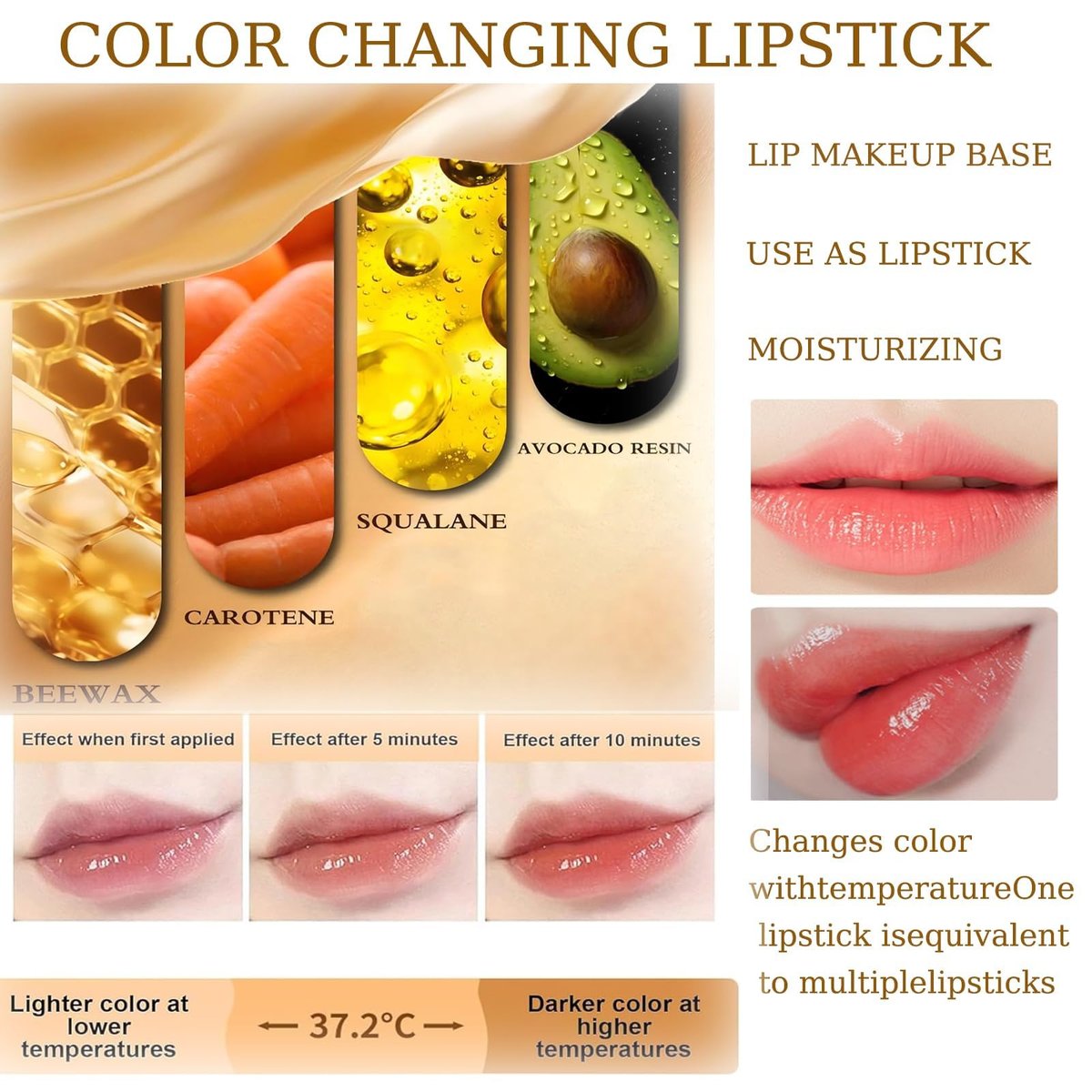 Color Changing Lipstick, Gold Crystal pH Lip Gloss – 24HR Transferproof & Moisturizing, Long-Lasting Glossy Finish, 2 Count Avelisse