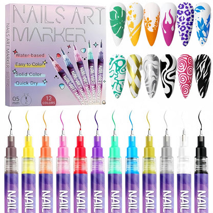 12-Color Nail Art Pens for Kids & Girls - Quick-Dry 3D Nail Markers for Drawing, Painting & Designs