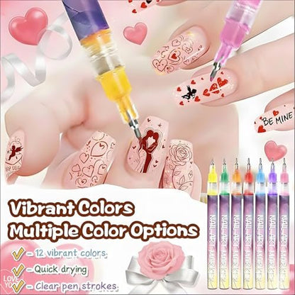 12-Color Nail Art Pens for Kids & Girls - Quick-Dry 3D Nail Markers for Drawing, Painting & Designs