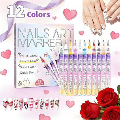12-Color Nail Art Pens for Kids & Girls - Quick-Dry 3D Nail Markers for Drawing, Painting & Designs