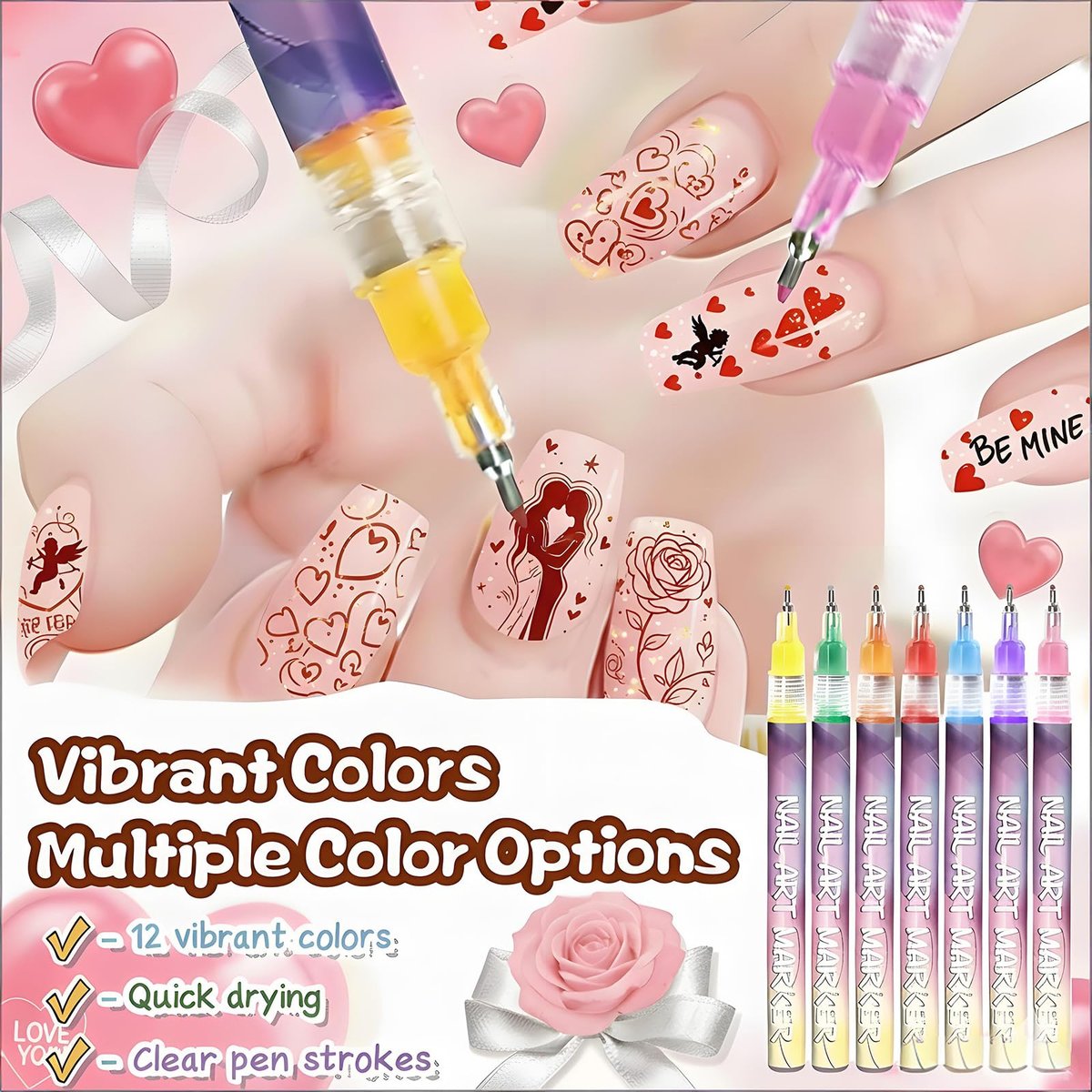 12-Color Nail Art Pens for Kids & Girls - Quick-Dry 3D Nail Markers for Drawing, Painting & Designs - görsel 3