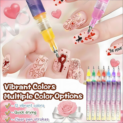 12-Color Nail Art Pens for Kids & Girls - Quick-Dry 3D Nail Markers for Drawing, Painting & Designs