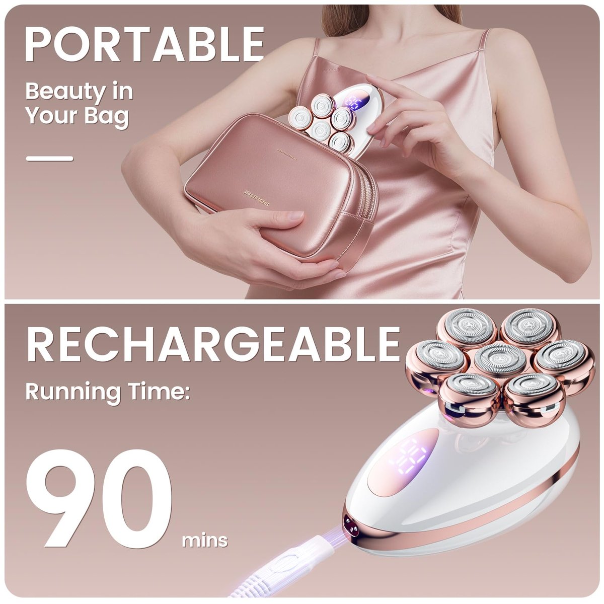 Electric Razors for Women - Rotary Shaver for Legs, Bikini & Underarms, Wet & Dry Waterproof Grooming Kit, Cordless Lady Trimmer (Metallic Rose) Avelisse