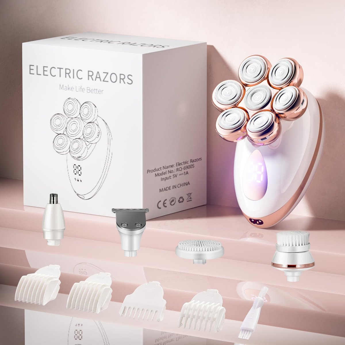Electric Razors for Women - Rotary Shaver for Legs, Bikini & Underarms, Wet & Dry Waterproof Grooming Kit, Cordless Lady Trimmer (Metallic Rose) Avelisse