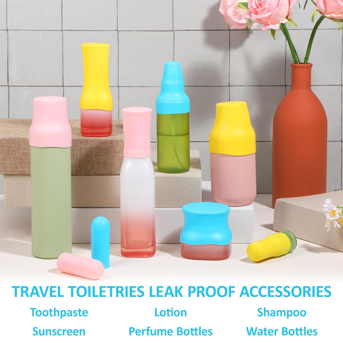 Silicone Bottle Covers for Travel - 9 Pack Leak Proof Elastic Sleeves for Toiletries, Shampoo, Cosmetics (Multiple Sizes) - görsel 13