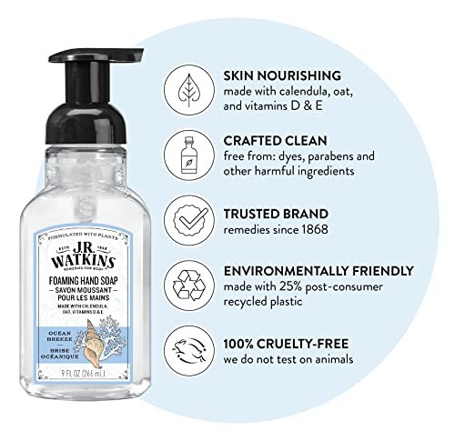 J.R. Watkins Foaming Hand Soap with Pump Dispenser, Moisturizing Foam Hand Wash, Alcohol-Free, Cruelty-Free, Ocean Breeze, 9 fl oz, 3 Pack Avelisse