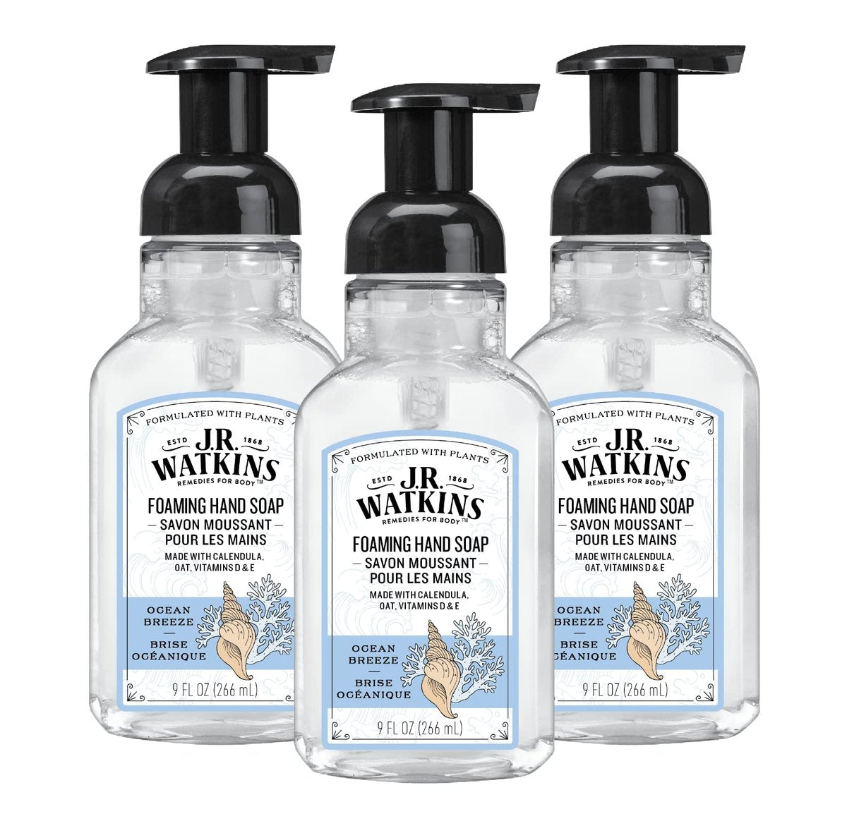 J.R. Watkins Foaming Hand Soap with Pump Dispenser, Moisturizing Foam Hand Wash, Alcohol-Free, Cruelty-Free, Ocean Breeze, 9 fl oz, 3 Pack Avelisse
