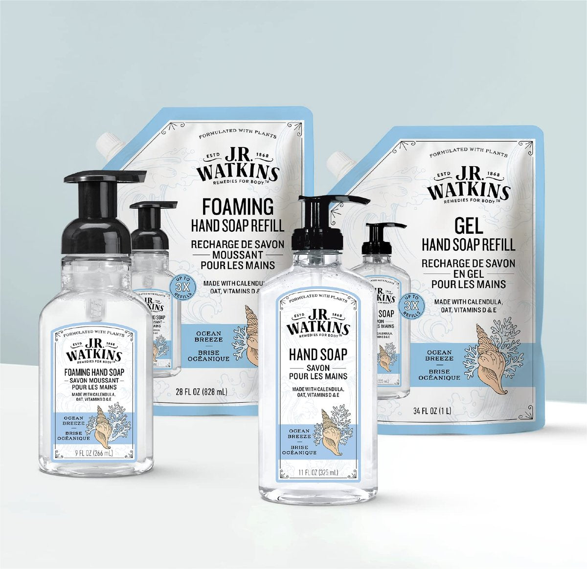 J.R. Watkins Foaming Hand Soap with Pump Dispenser, Moisturizing Foam Hand Wash, Alcohol-Free, Cruelty-Free, Ocean Breeze, 9 fl oz, 3 Pack Avelisse