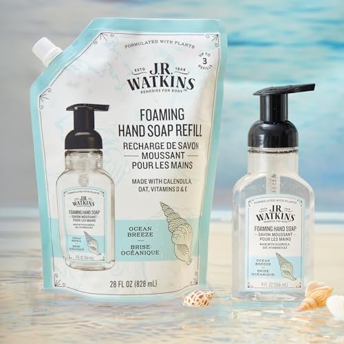 J.R. Watkins Foaming Hand Soap with Pump Dispenser, Moisturizing Foam Hand Wash, Alcohol-Free, Cruelty-Free, Ocean Breeze, 9 fl oz, 3 Pack Avelisse