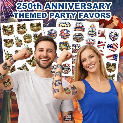 250th Anniversary Temporary Tattoos - 60 Patriotic USA 1776–2026 Birthday Tattoos for Adults & Teens, Fourth of July Independence Day Party Favors Red White Blue - görsel 4