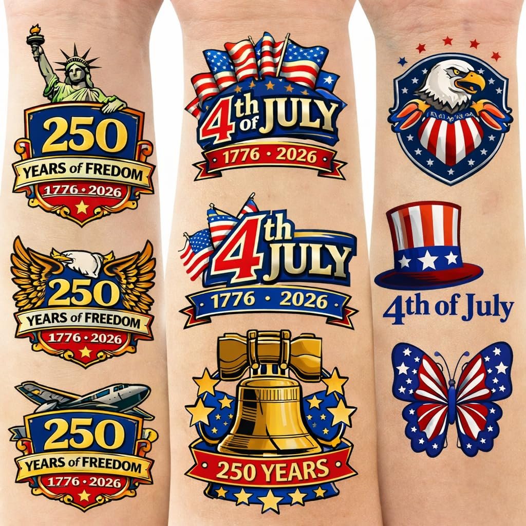 250th Anniversary Temporary Tattoos - 60 Patriotic USA 1776–2026 Birthday Tattoos for Adults & Teens, Fourth of July Independence Day Party Favors Red White Blue - görsel 1