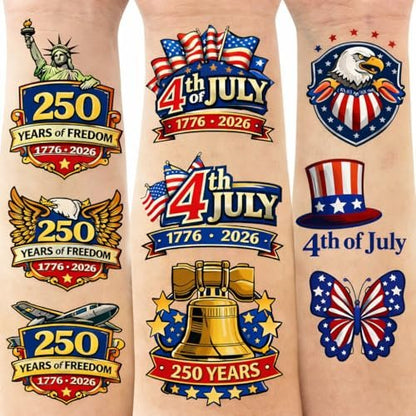 250th Anniversary Temporary Tattoos - 60 Patriotic USA 1776–2026 Birthday Tattoos for Adults & Teens, Fourth of July Independence Day Party Favors Red White Blue