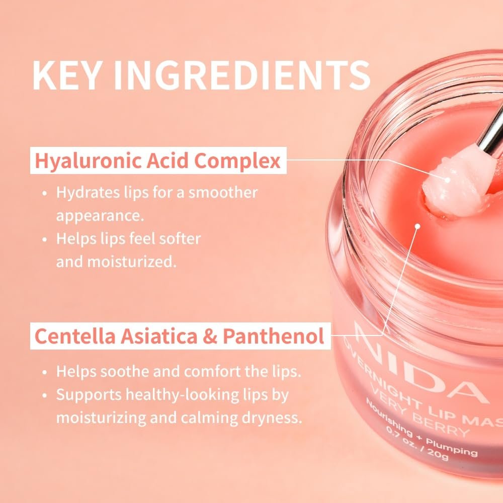 NIDA Overnight Lip Mask - Very Berry | Intense Hydration & Plumping Sleeping Mask for Dry, Chapped Lips (0.7 oz., 20g) Avelisse