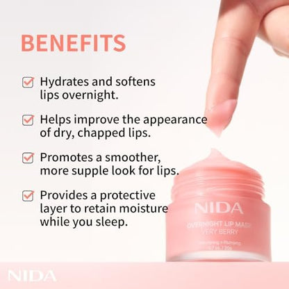 NIDA Overnight Lip Mask - Very Berry | Intense Hydration & Plumping Sleeping Mask for Dry, Chapped Lips (0.7 oz., 20g) Avelisse