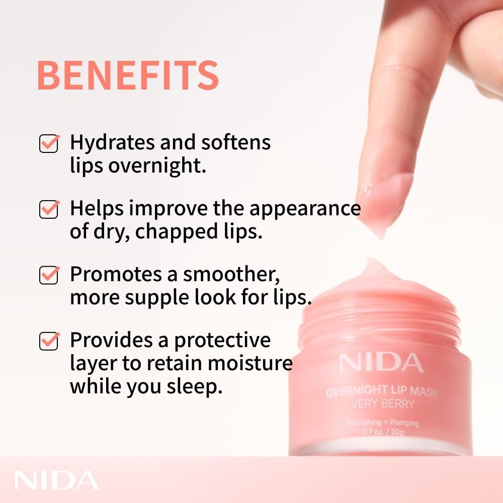 NIDA Overnight Lip Mask - Very Berry | Intense Hydration & Plumping Sleeping Mask for Dry, Chapped Lips (0.7 oz., 20g) Avelisse