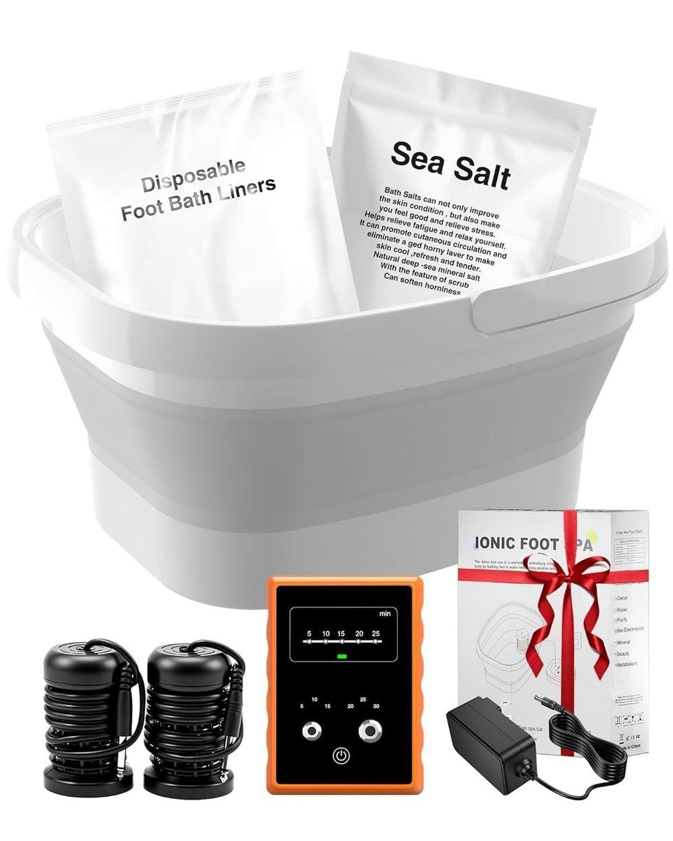 Olixie Ionic Foot Bath Detox Machine - Professional Foot Spa with 2 Arrays, 80 Disposable Liners, Detox Sea Salt & Folding Bucket Avelisse
