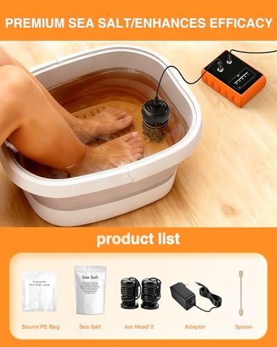 Olixie Ionic Foot Bath Detox Machine - Professional Foot Spa with 2 Arrays, 80 Disposable Liners, Detox Sea Salt & Folding Bucket Avelisse