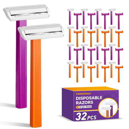 Comfycheer 32 Count Disposable Razors for Men, Single Blade Razors, Bulk Stainless Steel Shavers with Protective Head for Shaving Sensitive Skin