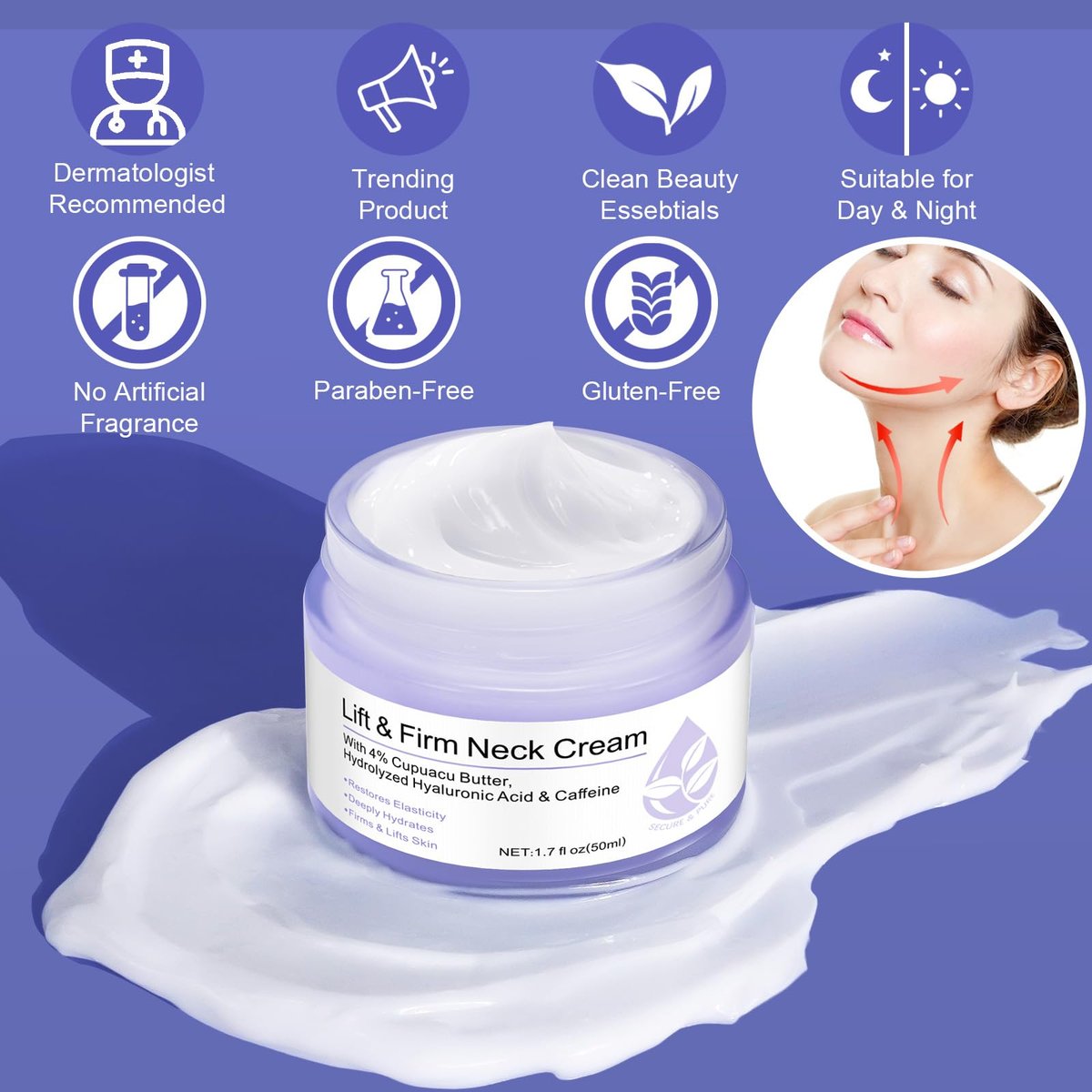 Neck Firming Cream - Anti Aging Neck Tightening Cream for Sagging Skin, 1.7 Fl Oz with 4% Cupuacu Butter, Hyaluronic Acid & Caffeine - Lifts Wrinkles & Fine Lines for Women & Men - görsel 5