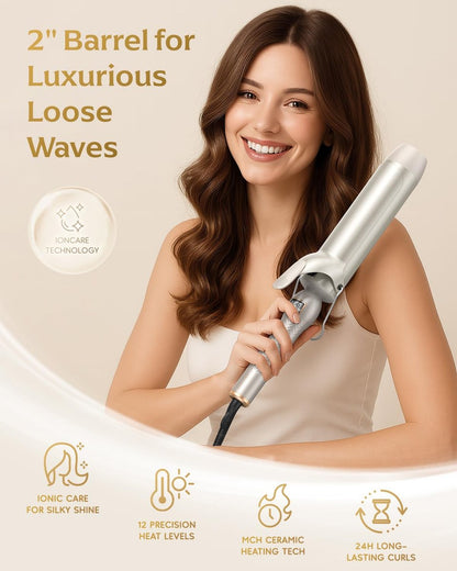 Professional Curling Iron 2 Inch – Large Barrel Curling Wand for Long Hair with MCH Heating, 12 Temperature Settings, Dual Voltage, Gold Avelisse