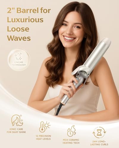 Professional Curling Iron 2 Inch – Large Barrel Curling Wand for Long Hair with MCH Heating, 12 Temperature Settings, Dual Voltage, Gold Avelisse