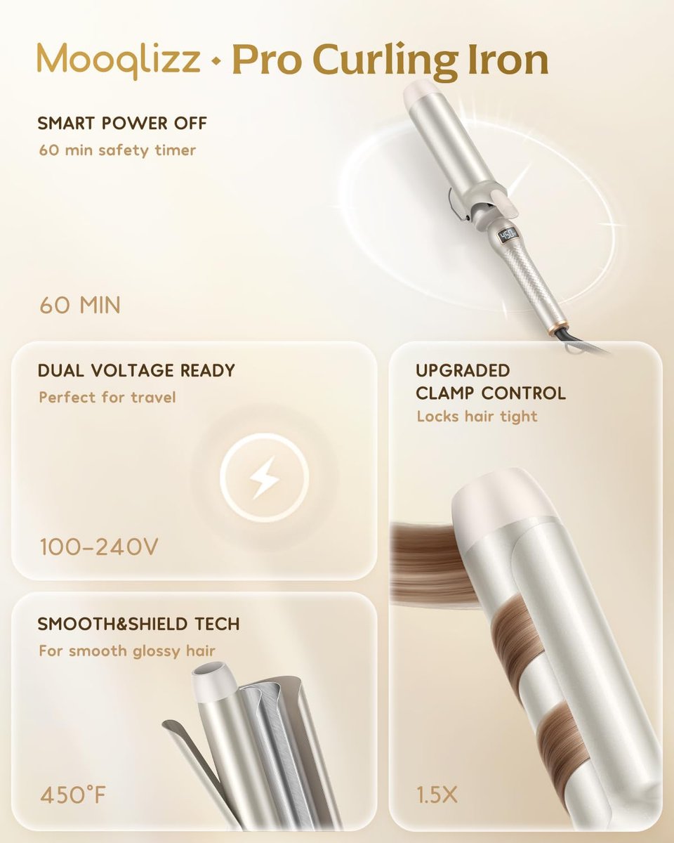 Professional Curling Iron 2 Inch – Large Barrel Curling Wand for Long Hair with MCH Heating, 12 Temperature Settings, Dual Voltage, Gold Avelisse