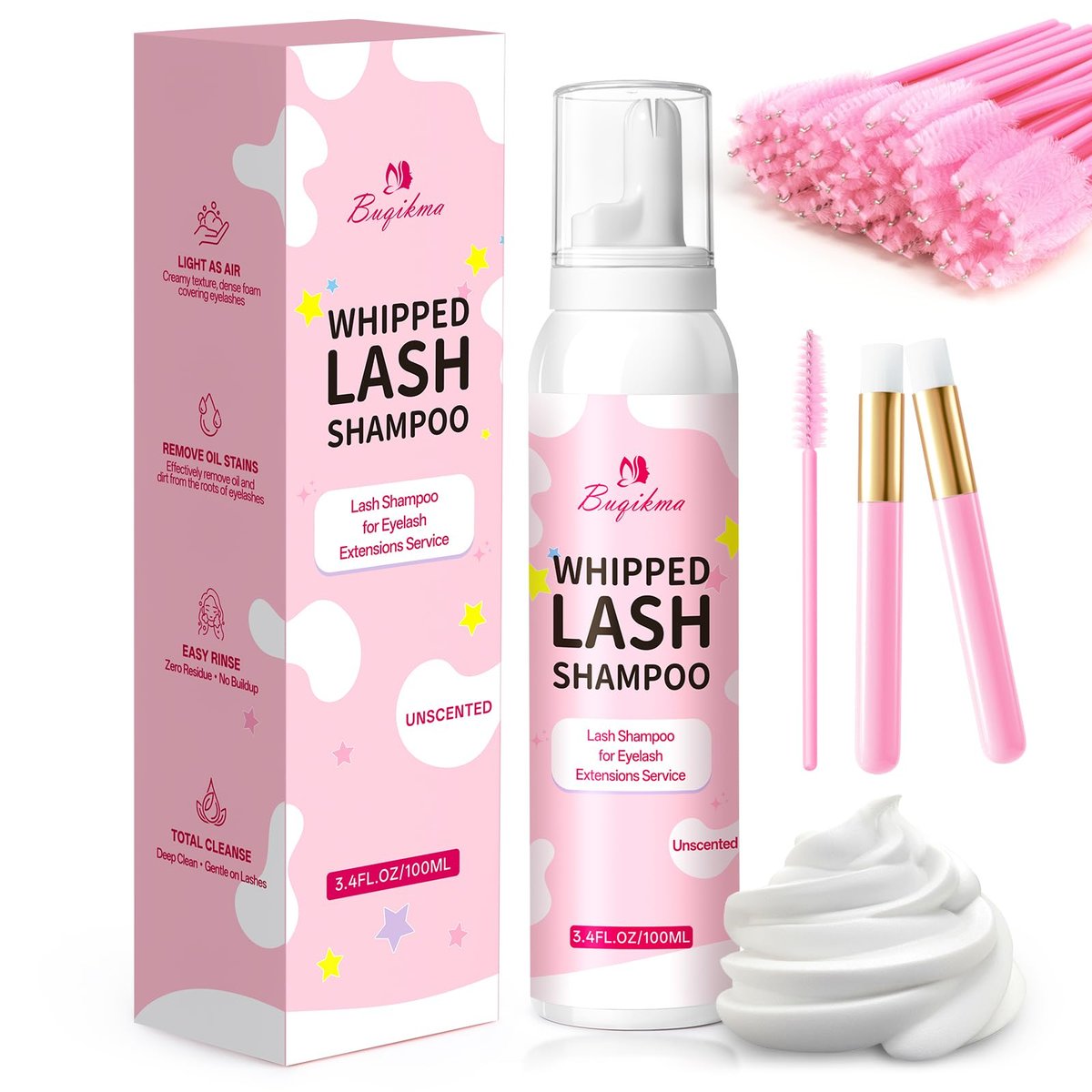 Buqikma Whipped Lash Cream Shampoo Kit - Unscented Eyelash Cleansing Foam with Brush, 3.4 fl oz - Gentle Lash Extension Cleaner for Salon & Home DIY - görsel 1