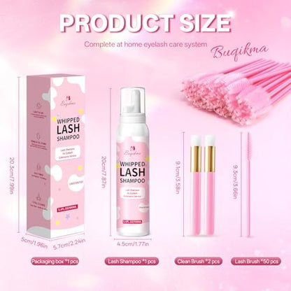 Buqikma Whipped Lash Cream Shampoo Kit - Unscented Eyelash Cleansing Foam with Brush, 3.4 fl oz - Gentle Lash Extension Cleaner for Salon & Home DIY