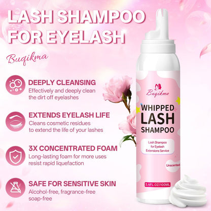 Buqikma Whipped Lash Cream Shampoo Kit - Unscented Eyelash Cleansing Foam with Brush, 3.4 fl oz - Gentle Lash Extension Cleaner for Salon & Home DIY