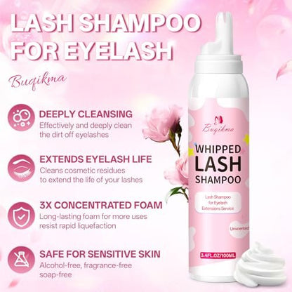 Buqikma Whipped Lash Cream Shampoo Kit - Unscented Eyelash Cleansing Foam with Brush, 3.4 fl oz - Gentle Lash Extension Cleaner for Salon & Home DIY