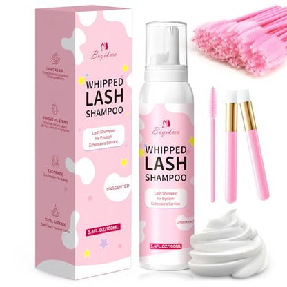 Buqikma Whipped Lash Cream Shampoo Kit - Unscented Eyelash Cleansing Foam with Brush, 3.4 fl oz - Gentle Lash Extension Cleaner for Salon & Home DIY