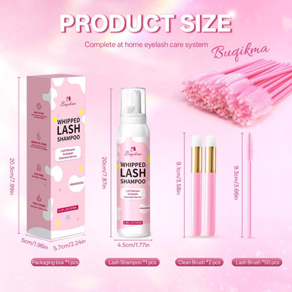 Buqikma Whipped Lash Cream Shampoo Kit - Unscented Eyelash Cleansing Foam with Brush, 3.4 fl oz - Gentle Lash Extension Cleaner for Salon & Home DIY