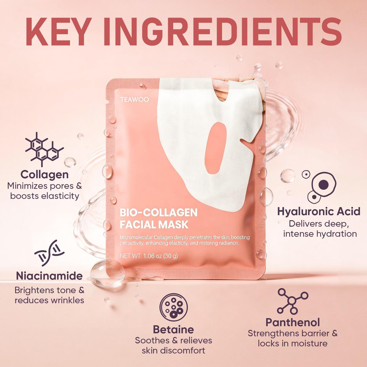 TEAWOO Bio-Collagen Facial Mask - 8 Pack Hydrogel Face Mask for Hydrating, Soothing & Glass Skin - Korean Skincare Overnight Mask - görsel 3