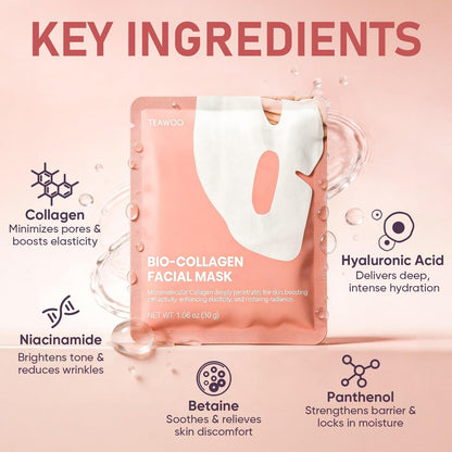 TEAWOO Bio-Collagen Facial Mask - 8 Pack Hydrogel Face Mask for Hydrating, Soothing & Glass Skin - Korean Skincare Overnight Mask