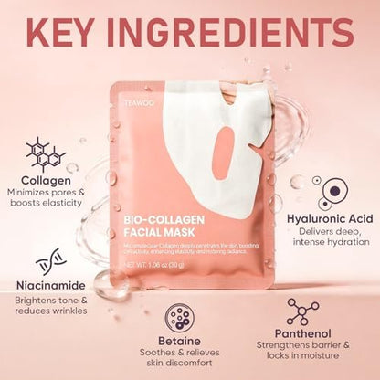 TEAWOO Bio-Collagen Facial Mask - 8 Pack Hydrogel Face Mask for Hydrating, Soothing & Glass Skin - Korean Skincare Overnight Mask