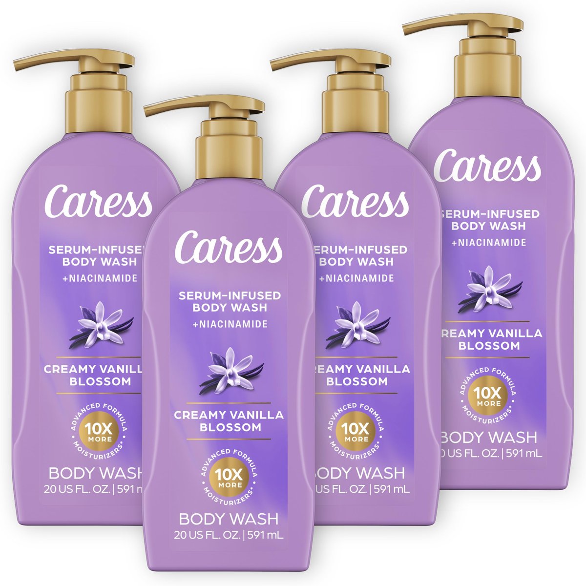 Caress Creamy Vanilla Blossom Moisturizing Body Wash with Pump – Serum-Infused with Niacinamide, 20 fl oz (Pack of 4) Avelisse