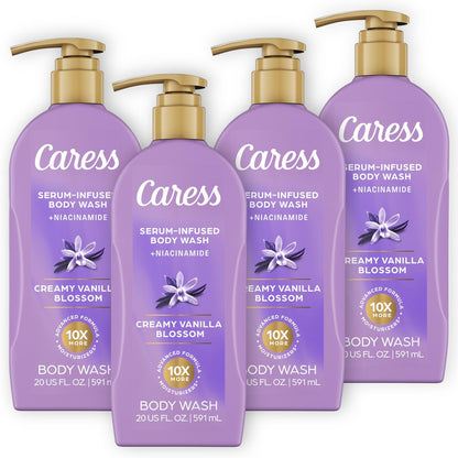 Caress Creamy Vanilla Blossom Moisturizing Body Wash with Pump – Serum-Infused with Niacinamide, 20 fl oz (Pack of 4) Avelisse